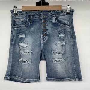 AQ American Quality Denim Bermuda Shorts Junior 9 Raw Waist Button Up Distress